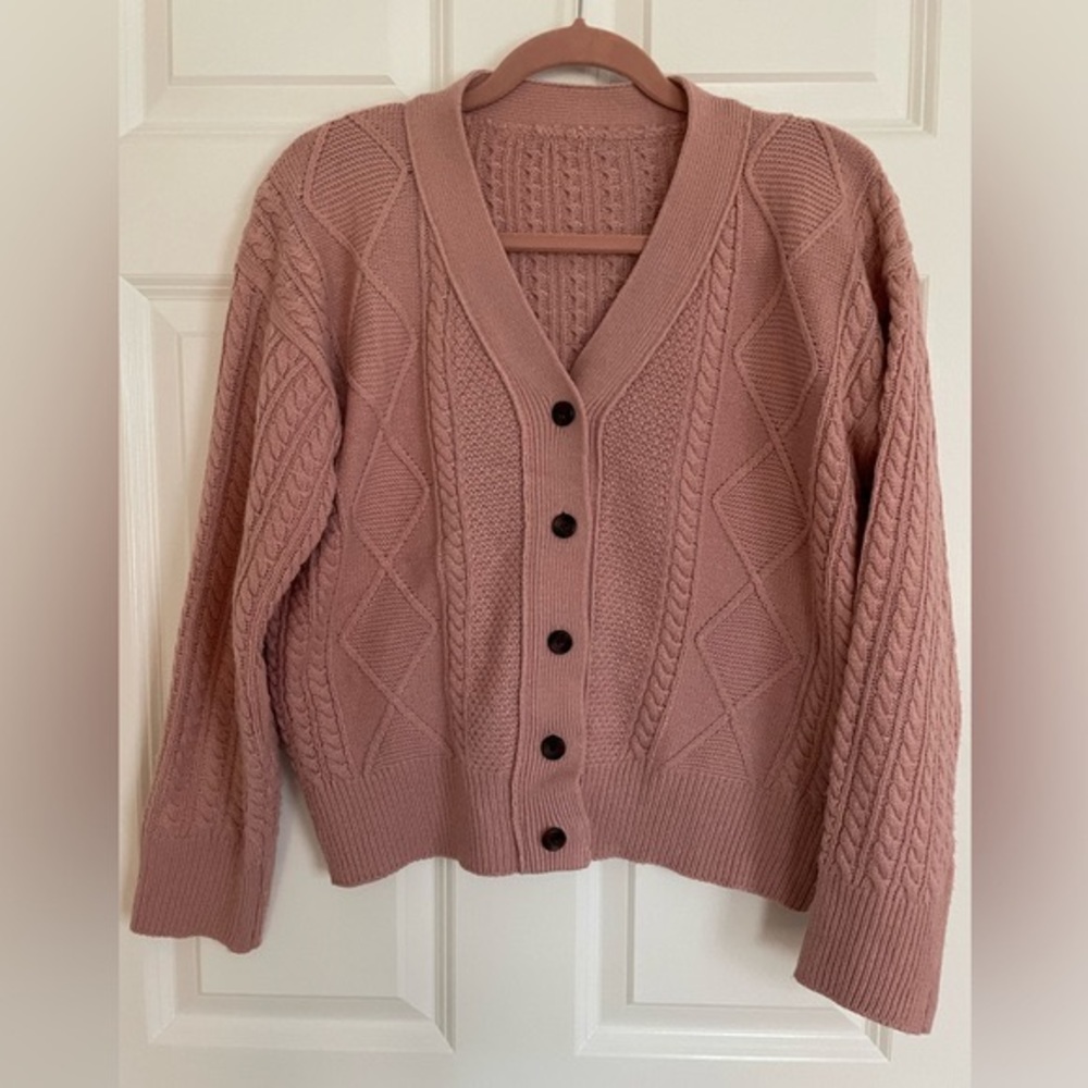 Pink Cable Knit Cardigan Button Sweater